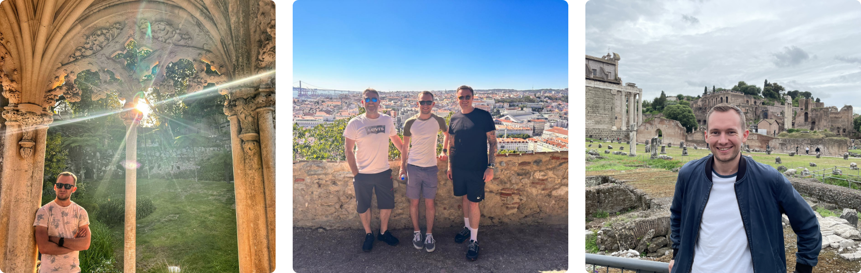 A collage of three photos, left to right: Jordan on holiday in an ornate church abroad in Italy, centre Jordan with Matt Heald and Gav from FOD on holiday in Lisbon, and to the right Jordan standing in front of a castle. 